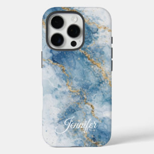 Elegante Blauwe Gouden Glitter Abstracte Stroom    iPhone 16 Pro Hoesje