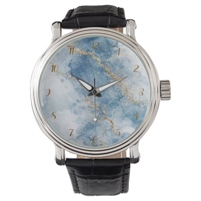 Elegante Blauwe Gouden Glitter Abstracte Stroom    Horloge (Voorkant)