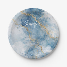 Elegante Blauwe Gouden Glitter Abstracte Stroom Papieren Bordje