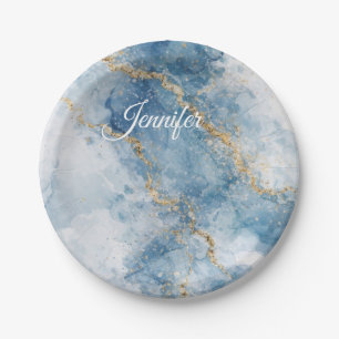 Elegante Blauwe Gouden Glitter Abstracte Stroom    Papieren Bordje