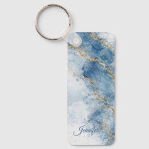 Elegante Blauwe Gouden Glitter Abstracte Stroom Sleutelhanger