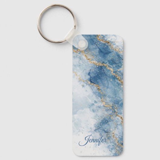 Elegante Blauwe Gouden Glitter Abstracte Stroom Sleutelhanger (Voorkant)