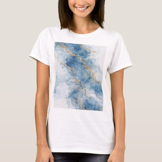 Elegante Blauwe Gouden Glitter Abstracte Stroom T-shirt (Voorkant)