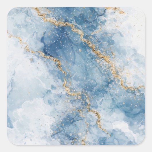 Elegante Blauwe Gouden Glitter Abstracte Stroom Vierkante Sticker (Voorkant)