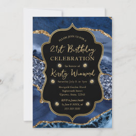 Elegante Blauwe & Gouden Glitter Agate 21e Verjaar Kaart