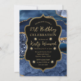 Elegante Blauwe & Gouden Glitter Agate 21e Verjaar Kaart