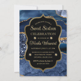 Elegante Blauwe & Gouden Glitter Agate Sweet Sixte Kaart