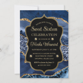 Elegante Blauwe & Gouden Glitter Agate Sweet Sixte Kaart