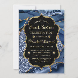Elegante Blauwe & Gouden Glitter Agate Sweet Sixte Kaart