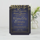 Elegante Blauwe & Gouden Glitter Bruiloft Uitnodig Kaart (Staand voorkant)
