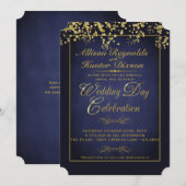 Elegante Blauwe & Gouden Glitter Bruiloft Uitnodig Kaart (Voorkant / Achterkant)