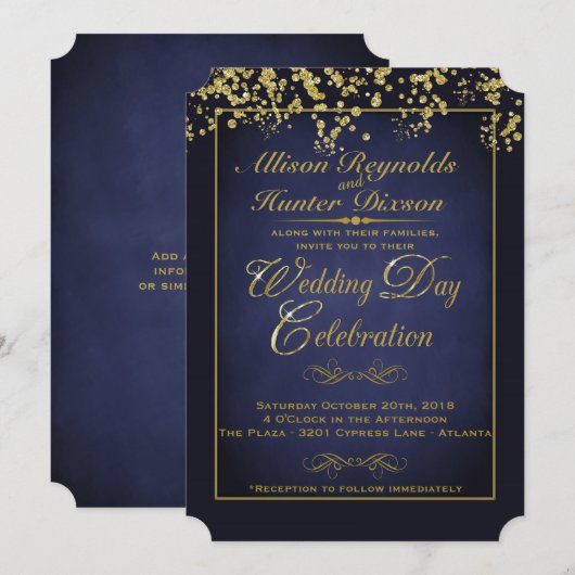 Elegante Blauwe & Gouden Glitter Bruiloft Uitnodig Kaart (Voorkant / Achterkant)