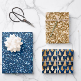 Elegante Blauwe Gouden Glitter Kerstbomen  Inpakpapier Vel