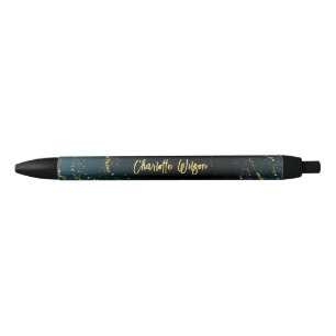 Elegante Blauwe Gouden Glitter Script Naam Monogra Zwarte Inkt Pen