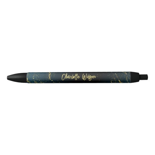 Elegante Blauwe Gouden Glitter Script Naam Monogra Zwarte Inkt Pen (Voorkant)