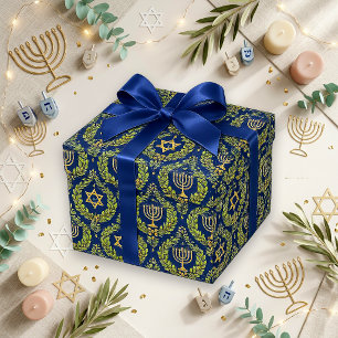 Elegante Blauwe Gouden Hanukkah Menorah Cadeaupapier