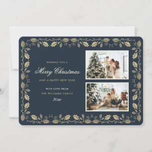 Elegante blauwe gouden Holly foto Feestdagenkaart