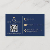 Elegante Blauwe Gouden Kapper Schaar Logo QR Code Visitekaartje (Achterkant)