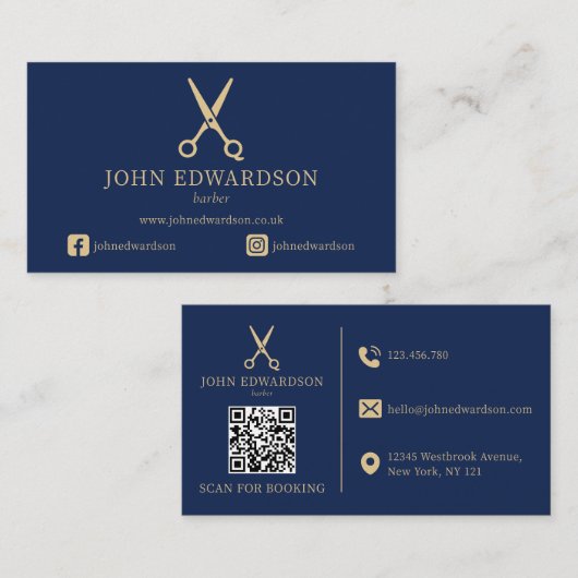 Elegante Blauwe Gouden Kapper Schaar Logo QR Code Visitekaartje (Voorkant / Achterkant)
