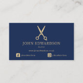 Elegante Blauwe Gouden Kapper Schaar Logo QR Code Visitekaartje (Voorkant)