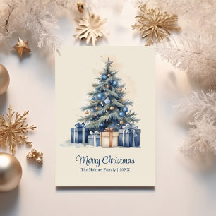Elegante Blauwe & Gouden Kerstboom Kaart
