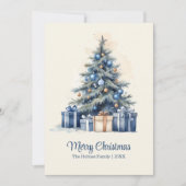 Elegante Blauwe & Gouden Kerstboom Kaart (Voorkant)