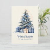 Elegante Blauwe & Gouden Kerstboom Kaart (Staand voorkant)