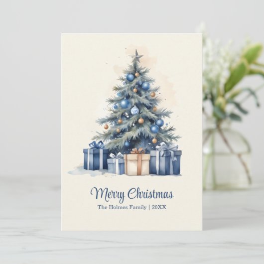 Elegante Blauwe & Gouden Kerstboom Kaart (Staand voorkant)