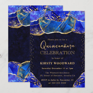 Elegante Blauwe Gouden Kristallen Steen Quinceaner Kaart