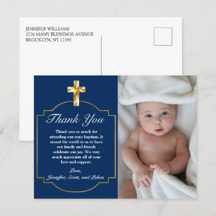 Elegante Blauwe Gouden Kruis Jongens Doop Dankjewe Briefkaart