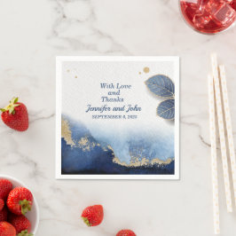 Elegante Blauwe Gouden Marmeren Botanische Bruilof Servet