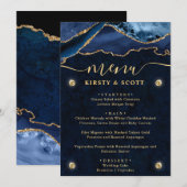 Elegante Blauwe & Gouden Nep Glitter Agate Bruilof Menu (Voorkant / Achterkant)