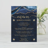 Elegante Blauwe & Gouden Nep Glitter Agate Bruilof Menu (Staand voorkant)