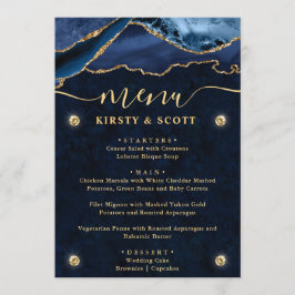 Elegante Blauwe & Gouden Nep Glitter Agate Bruilof Menu