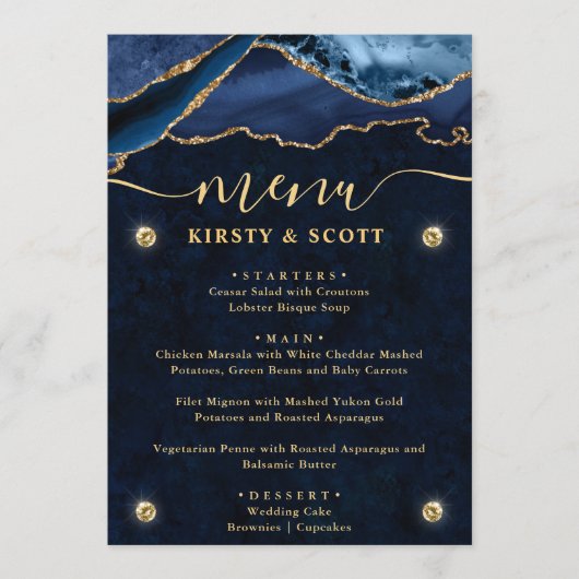 Elegante Blauwe & Gouden Nep Glitter Agate Bruilof Menu (Voorkant)