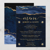 Elegante Blauwe & Gouden Nep Glitter Agate Bruilof Menu (Voorkant / Achterkant)