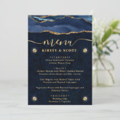 Elegante Blauwe & Gouden Nep Glitter Agate Bruilof Menu (Staand voorkant)