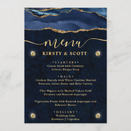 Elegante Blauwe & Gouden Nep Glitter Agate Bruilof Menu