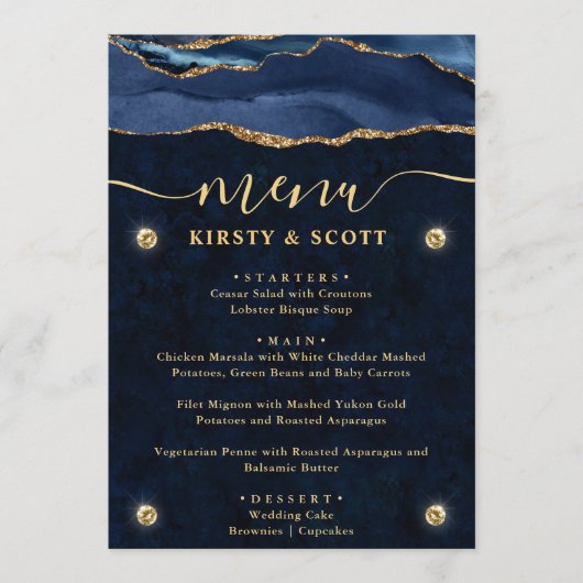Elegante Blauwe & Gouden Nep Glitter Agate Bruilof Menu (Voorkant)
