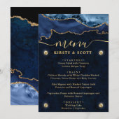 Elegante Blauwe & Gouden Nep Glitter Agate Bruilof Menu (Voorkant / Achterkant)