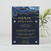 Elegante Blauwe & Gouden Nep Glitter Agate Bruilof Menu (Staand voorkant)