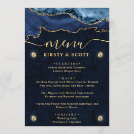 Elegante Blauwe & Gouden Nep Glitter Agate Bruilof Menu