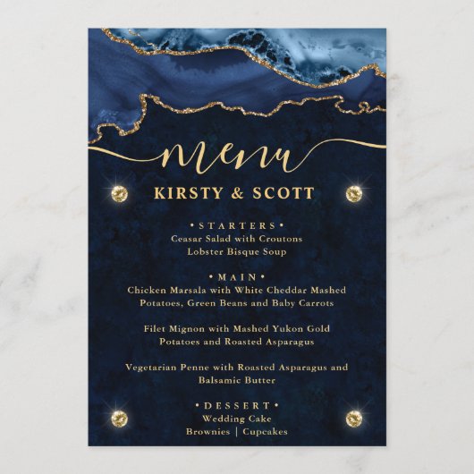 Elegante Blauwe & Gouden Nep Glitter Agate Bruilof Menu (Voorkant)