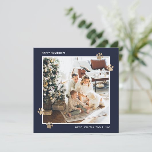 Elegante Blauwe Gouden Poot Foto Happy Howholidays Feestdagenkaart (Staand voorkant)