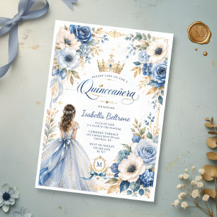 Elegante Blauwe Gouden Prinses Bloemrijke Quinceañ Kaart