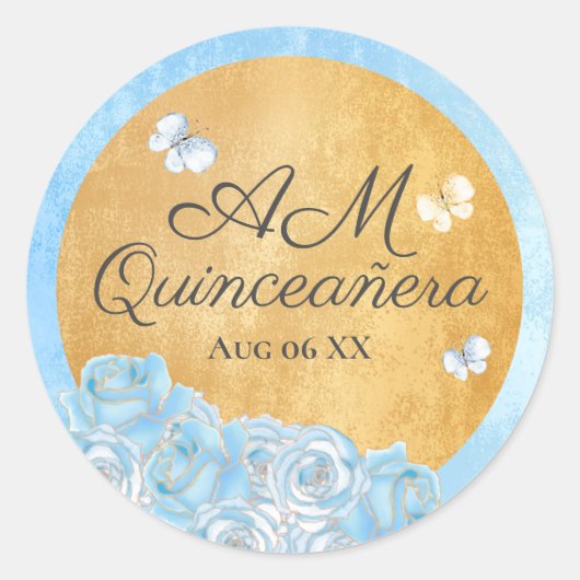Elegante Blauwe Gouden Rozen Vlinders Quinceañera Ronde Sticker (Voorkant)