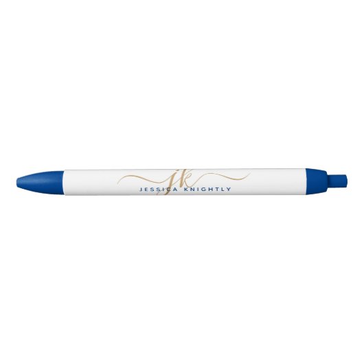 Elegante Blauwe Gouden Schrift Monogram Initiaal L Zwarte Inkt Pen (Voorkant)