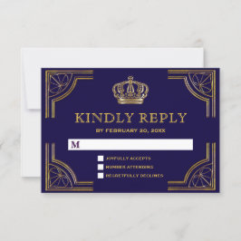 Elegante Blauwe Gouden Sierlijke Kroon RSVP Kaartje