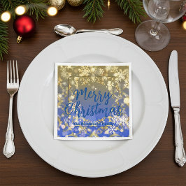 Elegante Blauwe Gouden Sneeuwvlokken Prettig Kerst Servet