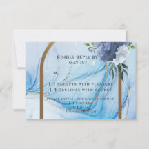 Elegante Blauwe & Gouden Trouw RSVP Kaart